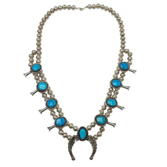 Vintage Navajo Sterling Silver Sleeping Beauty Turquoise Squash Blossom Necklace - Picture 1 of 8